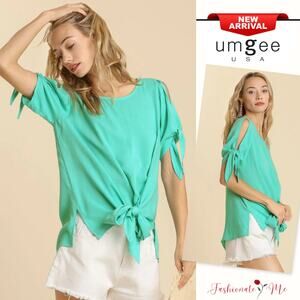 Umgee Cold Shoulder Round Neck Side Slits Tie-able Knot Details Blouse | Emerald